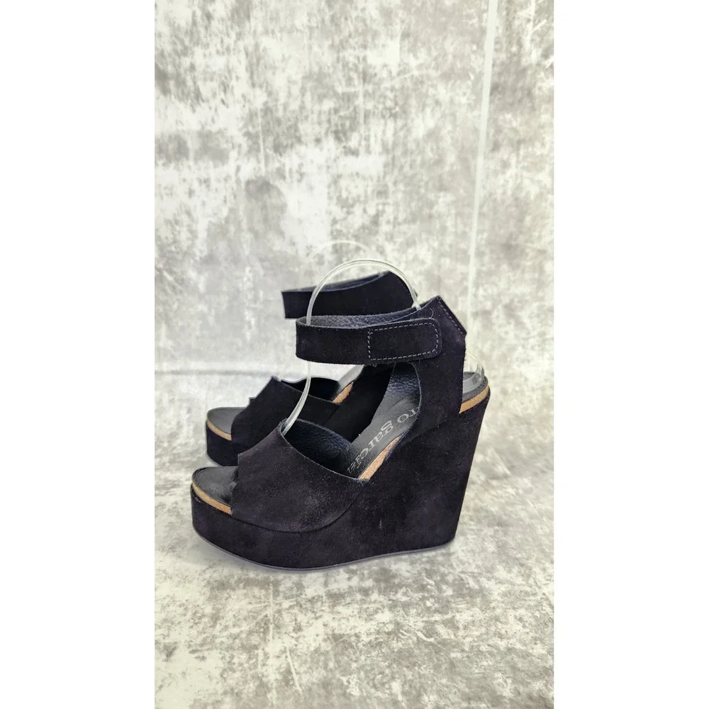 Pedro Garcia Wedge Sandals Womens 40 Black Suede Platform Peep Toe Spain Luxury